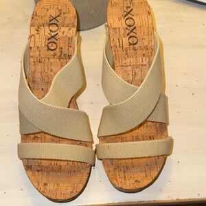 XOXO Women's Tan Crisscross Wedge Cork Heel